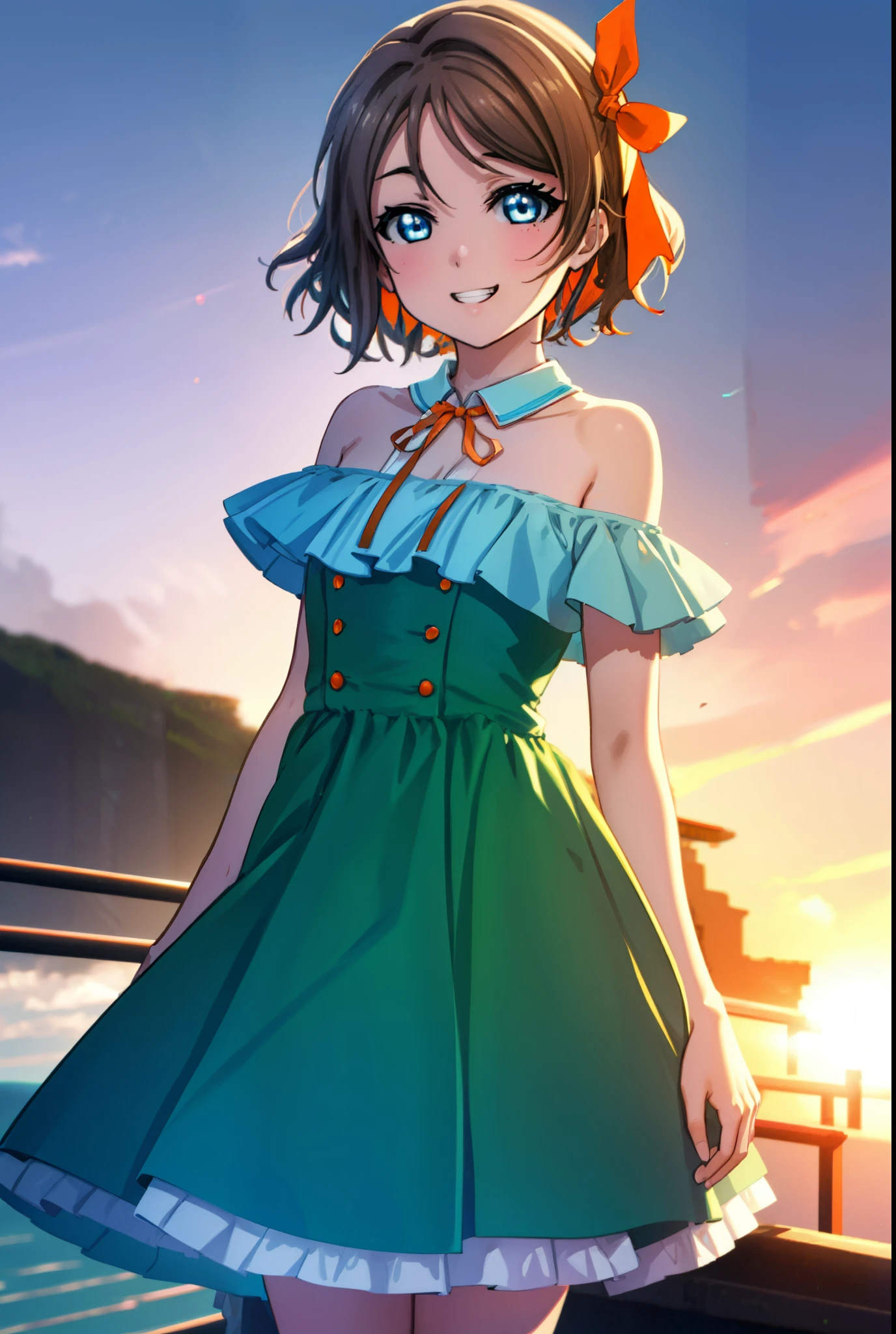 Yo Watanabe, Yu Watanabe, short hair, blue eyes, Brown Hair, smile, Grin,Hair Ribbon, hair band, Orange Hair, (Orange ribbon:1.5),Off-the-shoulder blue dress,Bare neck,Bare shoulders,bare clavicle,Blue long skirt,Cute heeled sandals,evening,Sunset,The sun is setting,
break outdoors, port,Ocean,
break looking at viewer, (Cowboy Shot:1.5),
break (masterpiece:1.2), highest quality, High resolution, unity 8k wallpaper, (figure:0.8), (Beautiful fine details:1.6), Highly detailed face, Perfect lighting, Highly detailed CG, (Perfect hands, Perfect Anatomy),