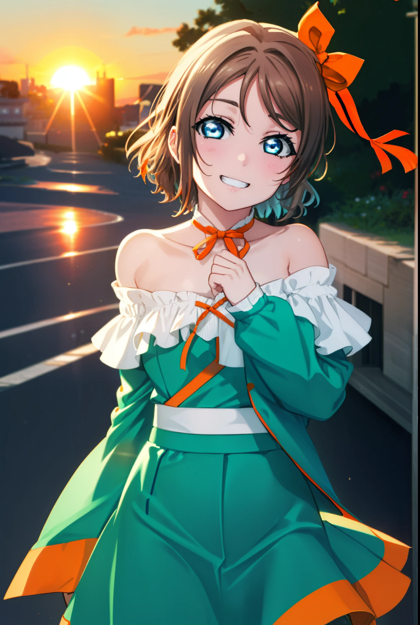 Yo Watanabe, Yu Watanabe, short hair, blue eyes, Brown Hair, smile, Grin,Hair Ribbon, hair band, Orange Hair, (Orange ribbon:1.5),Off-the-shoulder blue dress,Bare neck,Bare shoulders,bare clavicle,Blue long skirt,Cute heeled sandals,evening,Sunset,The sun is setting,
break outdoors, port,Ocean,
break looking at viewer, (Cowboy Shot:1.5),
break (masterpiece:1.2), highest quality, High resolution, unity 8k wallpaper, (figure:0.8), (Beautiful fine details:1.6), Highly detailed face, Perfect lighting, Highly detailed CG, (Perfect hands, Perfect Anatomy),