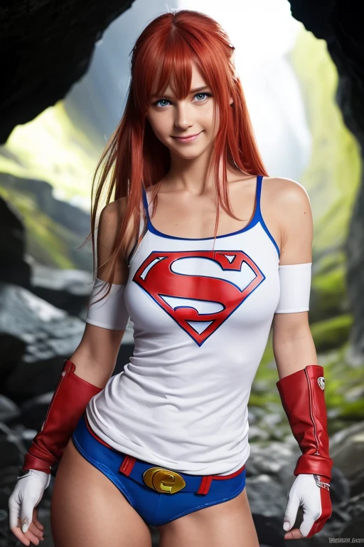 1 girl, blue eye, bare shoulders, chest, medium chest, blonde long hair, red hair band,hair above one eye, bangs, gloves, smiling, No sleeve, alone, white supergirl shirt, fingerless gloves, white supergirl shirt, No sleeve shirt, turn your arms behind your back, off shoulder, horn, smile, (masterpiece), (highest quality), (super detailed), In a dimly lit cave, blue flower, 