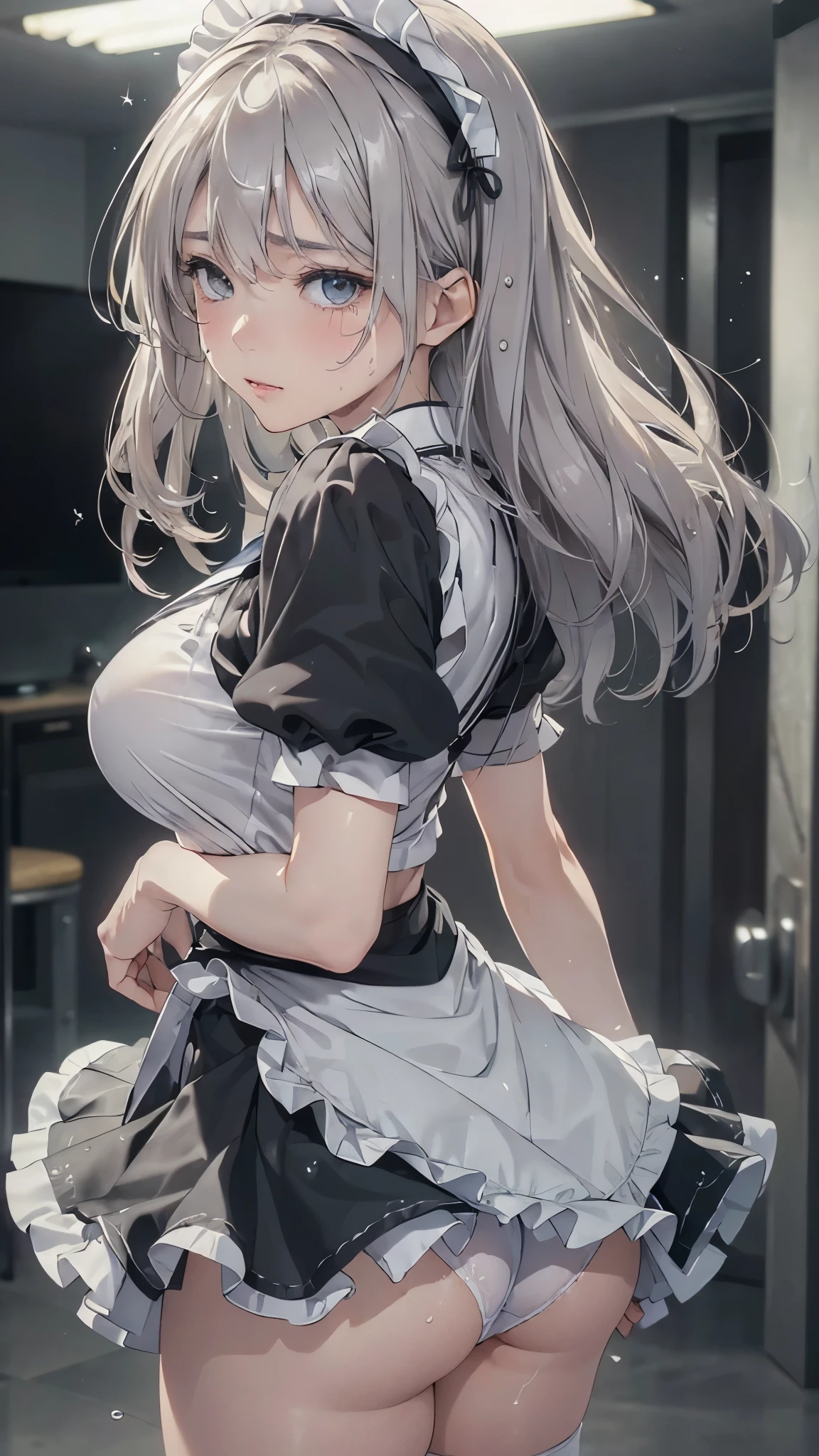 (masterpiece: 1.3), (Maximum resolution: 1.2), (Ultra High Definition TV: 1.2), Cinema Lighting, 8K resolution, Fine Eyes and skin, Detailed faceの特徴, , (Clear focus on the chest: 1.2), (The focus is on the face:1.2),Perfect Style, Cute Face, Accurate, Anatomically correct, Highly Detailed face and skin texture, Fine Eyes, double eyelid, Thin eyebrows, Glitter Eyeliner: one cheek, Shiny skin, Fair skin, Shiny skin: 1.2, (Glossy lips: 1.4),、 (Embarrassed look: 1.2),20-year-old female, (Detailed face:1.2), (highest quality:1.2), Retrospective photos of the Realom、Angle from below, Low - Angle, From behind, Cinema Lighting, Perfect Style, Beautiful Face, (Skirt flip:1.4), Loose and wrinkled white panties, stockings, blush、humiliation、impatience、Glare、tears、Embarrassing、Surprised expression、humiliationの表情、 (Maid clothes:1.1),Sweat、Retrospective photos of the Realom、Low - Angleから、Soaking wet、Sperm in the ass、Sperm on thighs、Flowing sperm(Attractive ass:1.2),、Masturbating with exposed panties and dirty clothes、Love Juice、tearsを流す、Blonde、Silver Hair、Black Hair、Blue-gray eyes、Green-gray eyes、