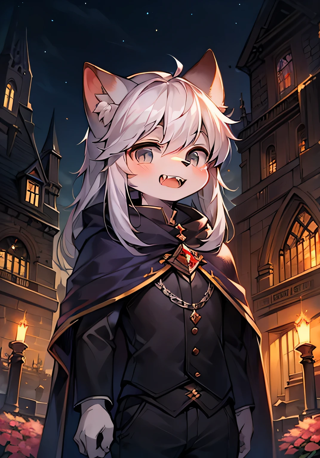 (Dark Environment:0.6)high quality(Flower charcoalo ,Fluffy fur,character focus:1.1)Gray long hair,Bright Eyes,Gray eyes,(Detailed background:0.7),Solitary,Young,hairy,hairymale ,Flower charcoal,(Silver hair,hairy tail,Silver hair,Hairy Hands and Paws,Gray eyes,)(Long canine teeth,vampire,Young,cape:1.2),(Internal,night,church,Statue 1:1)