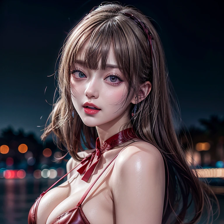masterpiece of professional Analog photo, realistic and photorealistic with touch of rawness, (a close-up portrait of a woman wearing thongs on a city street), Dusk violet Sky, intricate lighting effects with light particles, (many colorful lights dazzling bokeh), Traffic lights, a crowd of fashionable street girls in the background, { Childish | Gigantic Cleavage }, (((NOGIZAKA))) Extremely Detailed very KAWAII face variation, perfect anatomy, captivating gaze, elaborate detailed Eyes with (sparkling highlights:1.2), long eyelashes、Glossy RED Lips with beautiful details, Coquettish tongue, Rosy cheeks . (Dynamic joyful expressions), { Ecstasy | :D | screaming | Perplexed }, Mystic sight . hair and eye color is same color, { Red leather high collar | Red ribbon }, from diagonally angle .