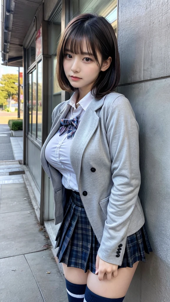 muster piece, best quality, illustration, Super detailed, fine details, High resolution, 8K,wall paper, perfect dynamic composition,(Details High quality, realistic depiction of eyes:1.3), jumping, High School Classroom、High school girl uniform、blazer 、Super Short Check Uniform Skirt、Navy blue high socks、garterbelts、Colossal tits、Disturbed uniform, short hair, (wavy hair:1.2), short bob hair, black hair color, large breasts, Big Natural Color Lip, perfect body shape, crying a little、cold gaze, Harajuku style、20 year old girl、cute type, beautiful legs,Gravure Idol, Voluptuous thighs