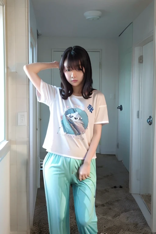 Japanese Girl thin body wearing a white short-sleeved t-shirt sees the ghost and pees her light blue lose pajama pants until his pants are wet pants in fright.