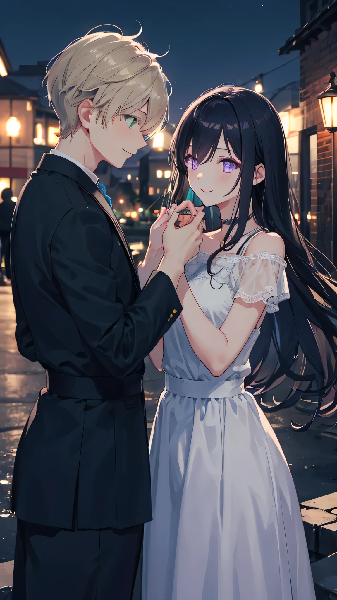 couple, 1 girl 1 boy, Different hair colors, Long black hair and purple eyes, Short blond hair and green eyes, romantic, Light Suite, Dark blue dress, outdoor, Glowing lights, night, Face to Face, Romantic, warm smile