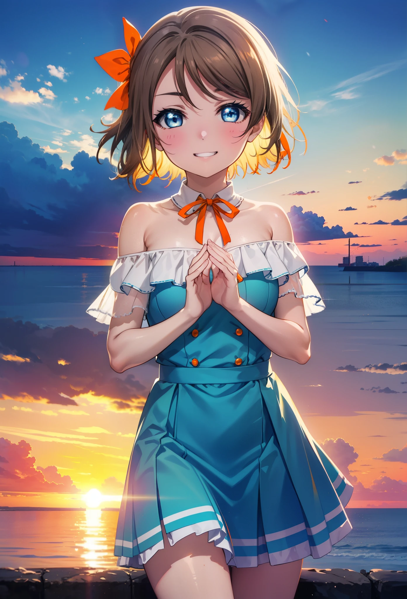 Yo Watanabe, Yu Watanabe, short hair, blue eyes, Brown Hair, smile, Grin,Hair Ribbon, hair band, Orange Hair,Rocket Pendant, (Orange ribbon:1.5),Off-the-shoulder blue dress,Bare neck,Bare shoulders,bare clavicle,Blue long skirt,Cute heeled sandals,evening,Sunset,The sun is setting,
break outdoors, port,Ocean,
break looking at viewer, (Cowboy Shot:1.5),
break (masterpiece:1.2), highest quality, High resolution, unity 8k wallpaper, (figure:0.8), (Beautiful fine details:1.6), Highly detailed face, Perfect lighting, Highly detailed CG, (Perfect hands, Perfect Anatomy),