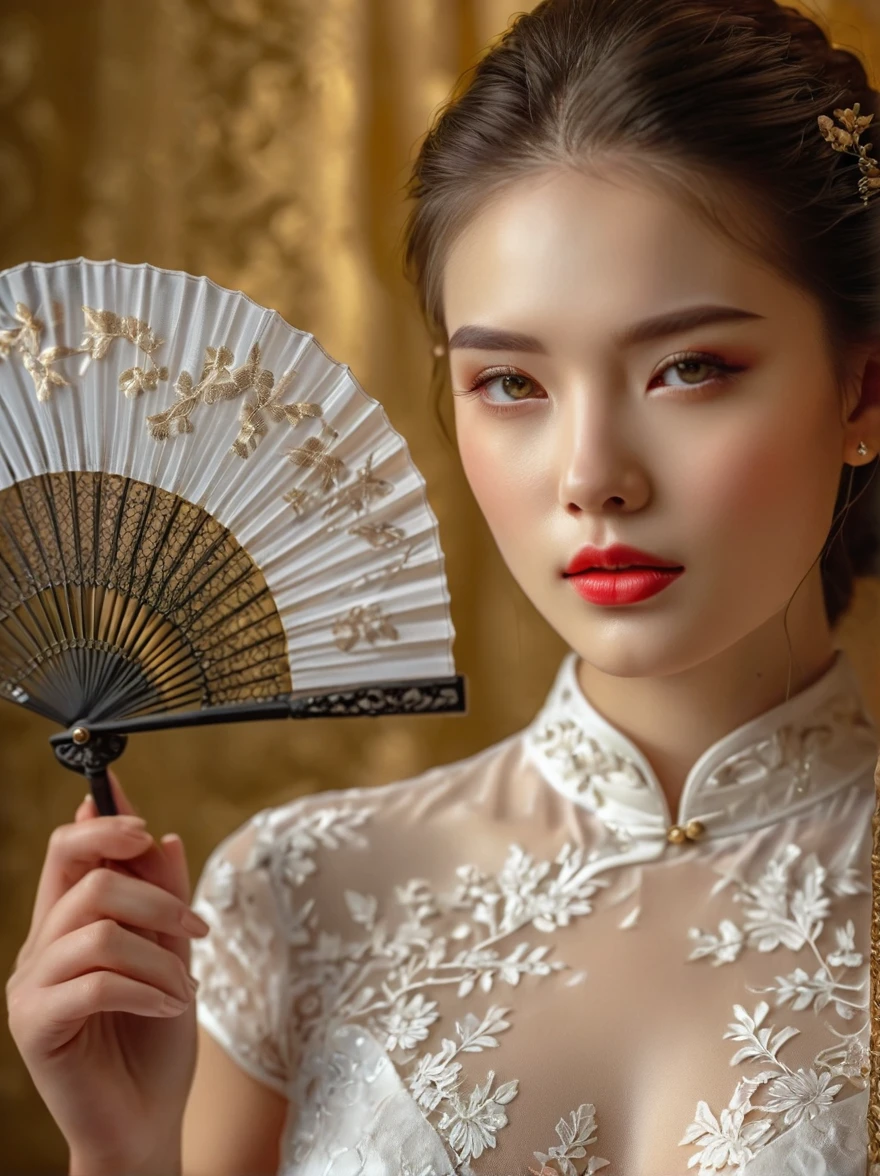 beautiful European girl,wearing white lace cheongsam,elegant posture,delicately holding a pure white lace fan,covering her face,beautiful detailed eyes,beautiful detailed lips,extremely detailed eyes and face,long eyelashes,high fashion,ornate lace details,splendid fabric texture,golden background, studio lighting,vivid colors,bokeh,sharp focus,physically-based rendering,calm expression, Romanticism, Luminism, first-person view, cowboy shot, UHD, masterpiece, accurate, anatomically correct, high details, award winning, 8k