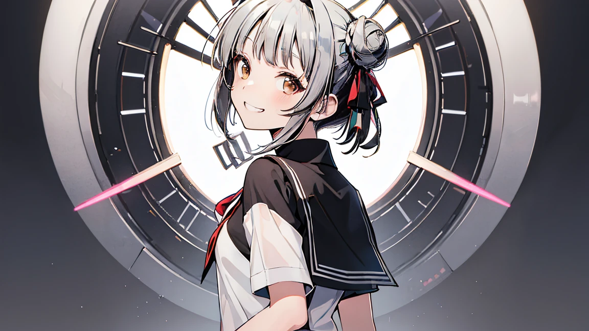 (((No background))),masterpiece, high quality, High resolution,Koharu Rikka,Bobcut,Hair Bun,Brown Eyes,Very detailed, 8k, 1 girl,Big smile,Grinning eyes,Whole body,Dynamic pose,platinum gray hair, Gradient Hair, Looking at the audience, Beautiful anime  girl,(close:1.2),From behind