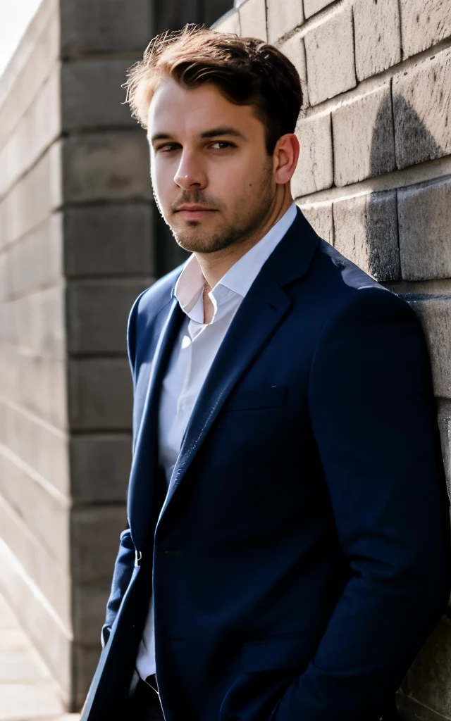 A man in a blue jacket and formal shirt is standing against a wall. He is looking at the camera with a serious expression. The background is a blur of light and dark colors. 