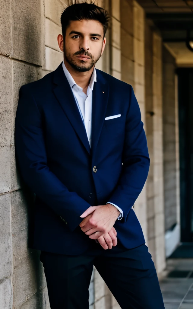 A man in a blue jacket and formal shirt is standing against a wall. He is looking at the camera with a serious expression. The background is a blur of light and dark colors. 