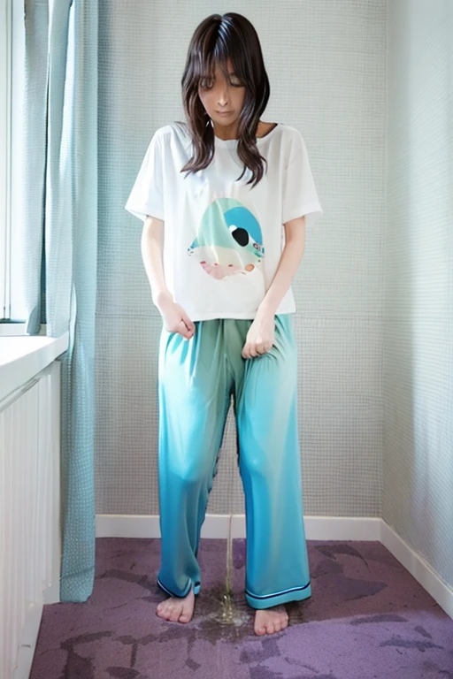 Japanese Girl thin body wearing a white short-sleeved t-shirt sees the ghost and pees her light blue lose pajama pants until his pants are wet pants in fright.