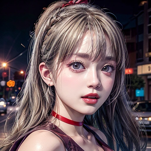masterpiece of professional Analog photo, realistic and photorealistic with touch of rawness, (a close-up portrait of a woman wearing thongs on a city street), Dusk violet Sky, intricate lighting effects with light particles, (many colorful lights dazzling bokeh), Traffic lights, a crowd of fashionable street girls in the background, { Childish | Gigantic Cleavage }, (((NOGIZAKA)))  Extremely Detailed very KAWAII face variation, perfect anatomy, captivating gaze, elaborate detailed Eyes with (sparkling highlights:1.2), long eyelashes、Glossy RED Lips with beautiful details, Coquettish tongue, Rosy cheeks . (Dynamic joyful expressions), { Ecstasy | :D | screaming | Perplexed }, Mystic sight . hair and eye color is same color, { Red leather high collar | Red ribbon }, from diagonally angle .
