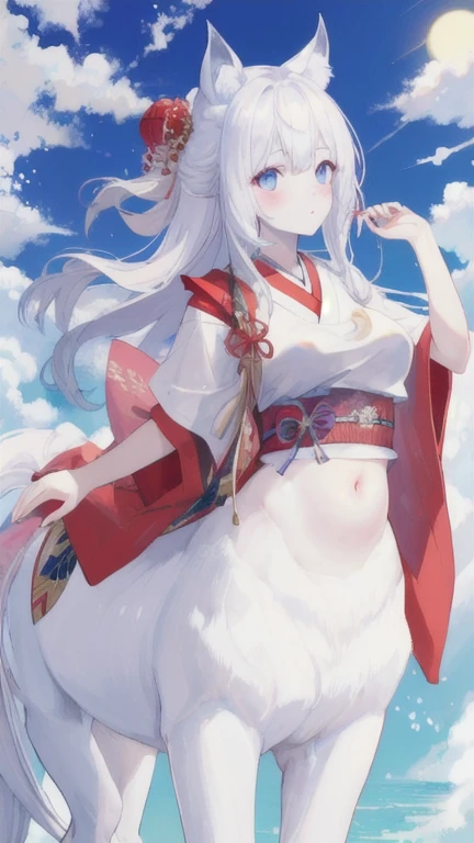 (best quality, masterpiece), 1 girl, centaur, It takes,White skin, Japanese , belly button t-shirt, beautiful girl perfect wolf photo, perfect wolf photo