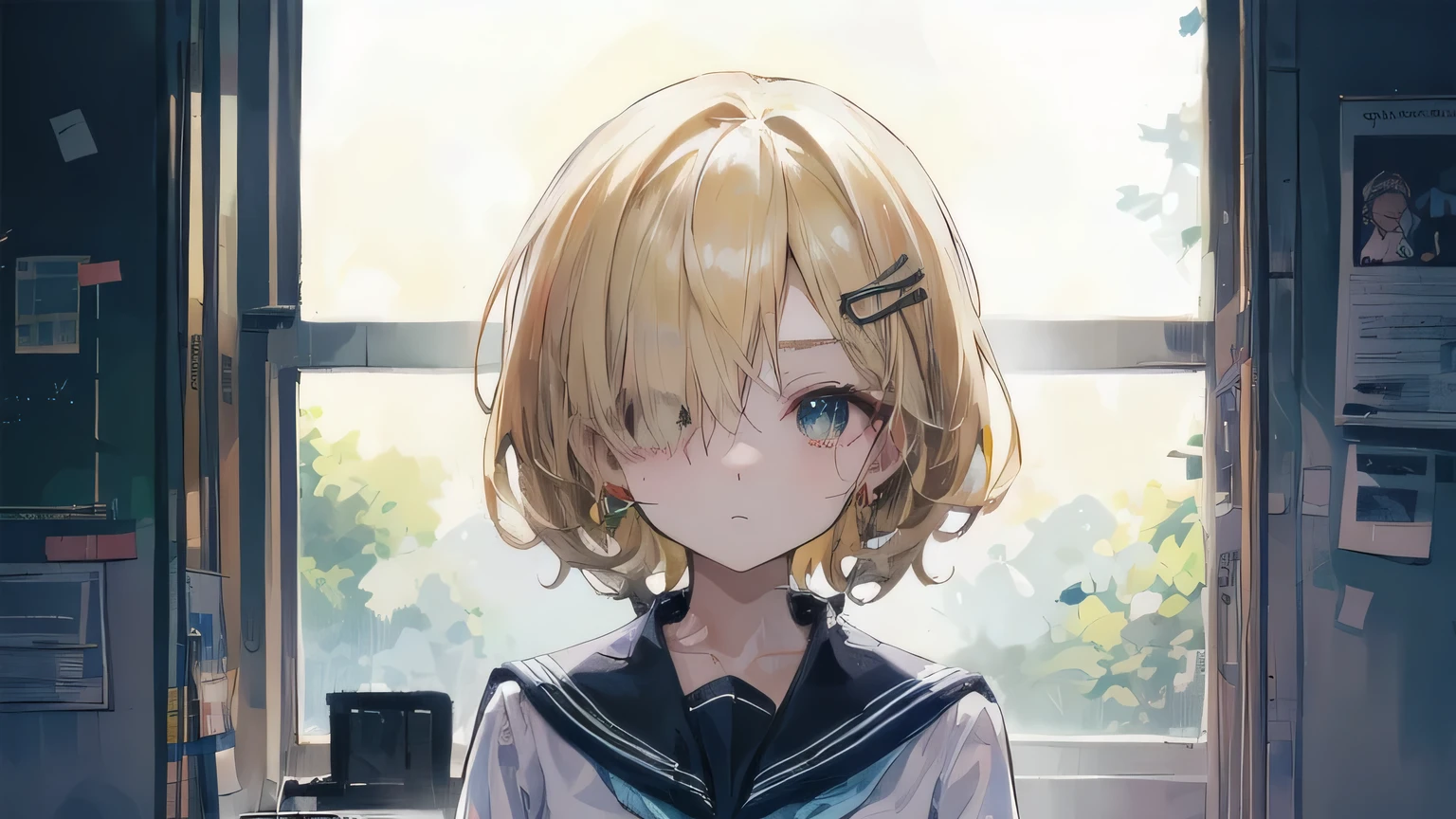highest quality, Anime Moe Art Style,Best Anime 8K Konachan Wallpaper,pixiv contest winners,Perfect Anatomy, (Please draw a girl walking sleepily to school.... ),break, 1 girl, (alone,,,:1.3),high school student, short hair, amount, (Hair above one eye:1.9),All limbs, Full Finger,Mid-chest, Between the legs, Small eyes,accurate black eyes, Hair Clip, (Sailor suit:1.5),(school uniform:1.5) skirt,On the way to school. break,Very detailed,High resolution,ultra high density skin, Professional Lighting,8K eye detail, (Cute illustrations:1.2),blonde,blonde hair,Expressionless,(Hair in one eye:1.5)、Thighs