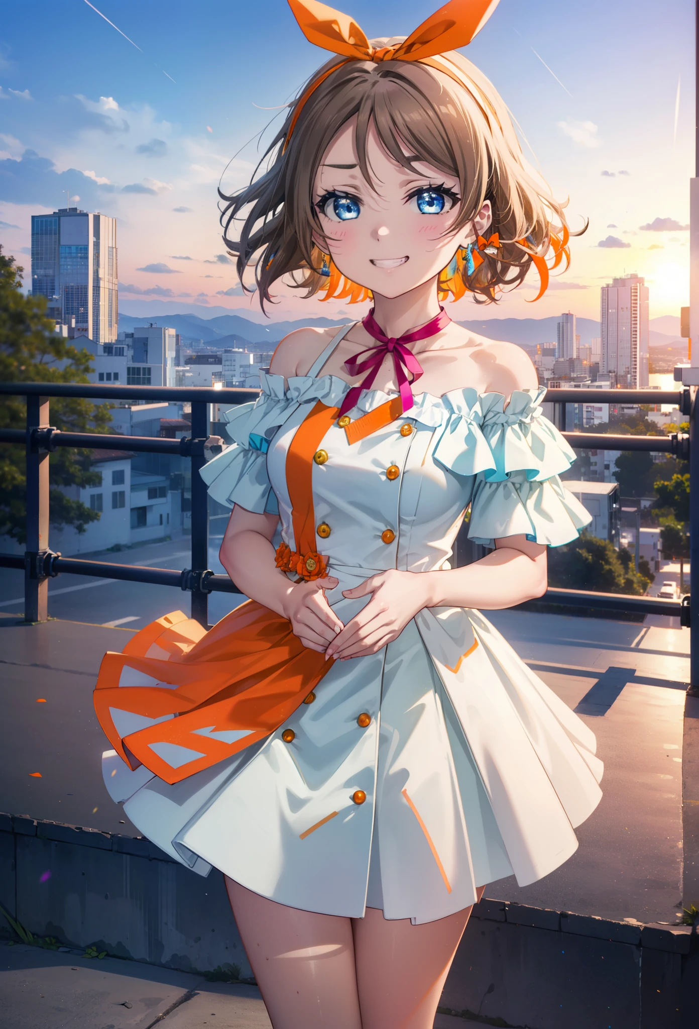 Yo Watanabe, Yu Watanabe, short hair, blue eyes, Brown Hair, smile, Grin,Hair Ribbon, hair band, Orange Hair,Rocket Pendant, (Orange ribbon:1.5),Off-the-shoulder blue dress,Bare neck,Bare shoulders,bare clavicle,Blue long skirt,Cute heeled sandals,evening,Sunset,The sun is setting,
break outdoors, Coastal Road,Building district,
break looking at viewer, (Cowboy Shot:1.5),
break (masterpiece:1.2), highest quality, High resolution, unity 8k wallpaper, (figure:0.8), (Beautiful fine details:1.6), Highly detailed face, Perfect lighting, Highly detailed CG, (Perfect hands, Perfect Anatomy),