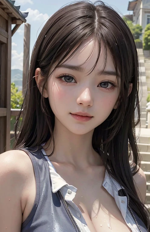 Heaven Temple, front, (Surreal), (illustration), (Improve resolution), (8K), (Very detailed), (Best illustration), (Beautiful and delicate eyes), (best quality), (Super detailed), (masterpiece ), ( wallpaper), (Delicate face), Solitary, 1 girl, fine details, Delicate face, Deep Shadows, Low profile, purebred face_V1, Smile, long hair, Side bangs、Wet vest、Not worn、Not worn、Focus on your nipples, Large Breasts