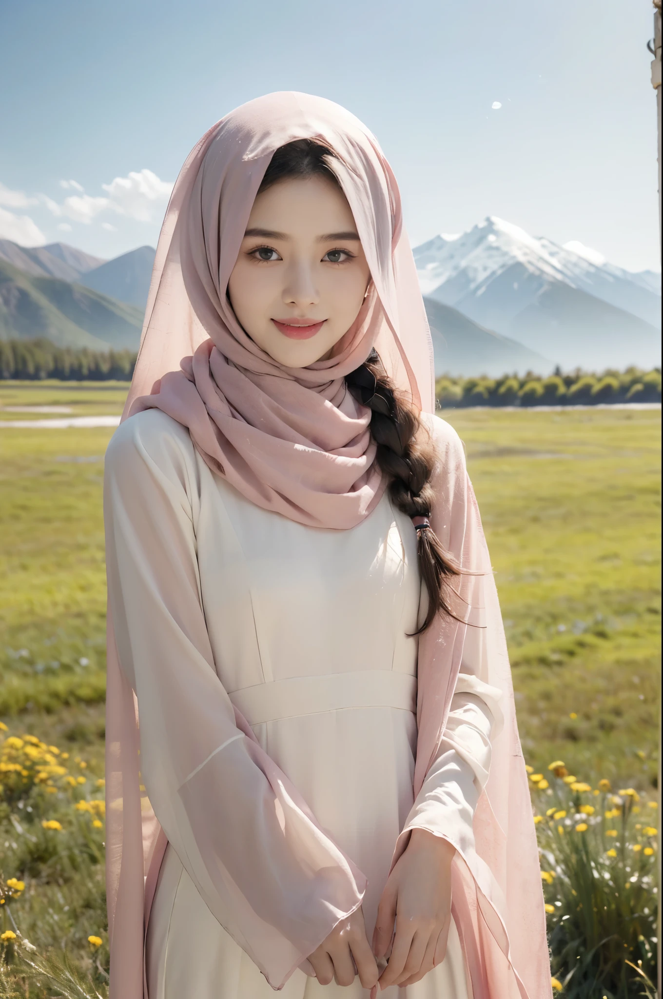 (Extremely meticulous CG),(((8k))),wallpaper,((Extremely refined and beautiful)),(((Masterpiece))),(((best qualtiy))),(((Ultra High Resolution))),beautiful light up,realistic shaded,(Smooth and flawless fair skin:1.5),(Extremely exquisite facial details:1.2),(ultra-detailed:1.5),((A beautiful Uyghur girl,solo)),(pink headscarf:1.3),(short dreadlocks:1.2),(small head:1.2),(slender face:1.2),(Exquisite makeup:1.3),(happy:1.2),(laughing:1.2),(see through yashmak on face:1.3),(perfect body:1.1),(maxi pink abaya:1.3),(small breasts:1.2),(flat chest:1.2),(pants:1.3),((slim,thin)),(from front:1.3),(standing:1.3),(arms behind back:1.2),(On the verdant grassland full of colorful flowers:1.5),(many colors:1.5),(cattles and sheeps:1.2),(boreal forest:1.2),(distant snowy mountains:1.2),(Azure sky and white clouds:1.2),(detailed background:1.3),(outdoor:1.3),(early summer:1.3),(day scene:1.3),(bright sunshine:1.3),(upper body:1.3)