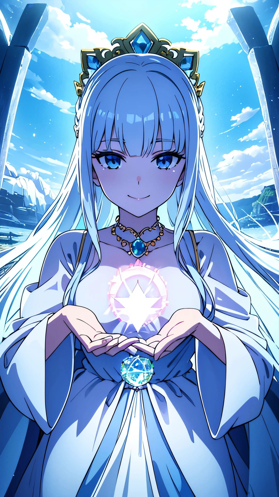Goddess,Beauty,It will grant your wishes,heavenly landscape,whitish dress,Looking at this.Smiling a little,Holding a large round crystal in both hands,fortune teller