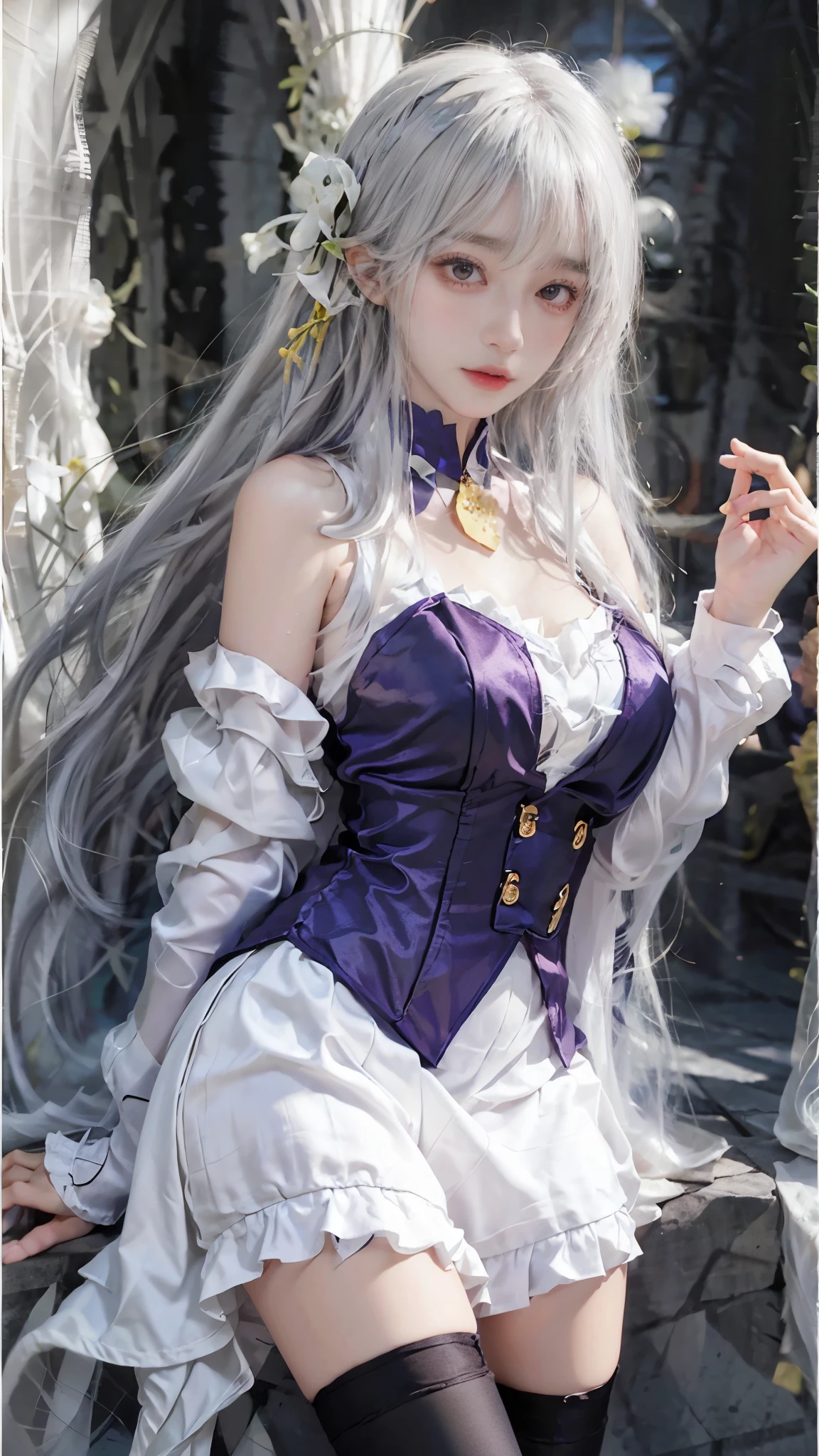 1gir,emilia,emiria,silver hair,dress,thighhighs, A beautiful fairy girl with large breasts, bare shoulders, and a short hemline, 4k ultra HD, masterpiece, detailed eyes, detailed lips, elegant poses, random scenes, random shooting angles