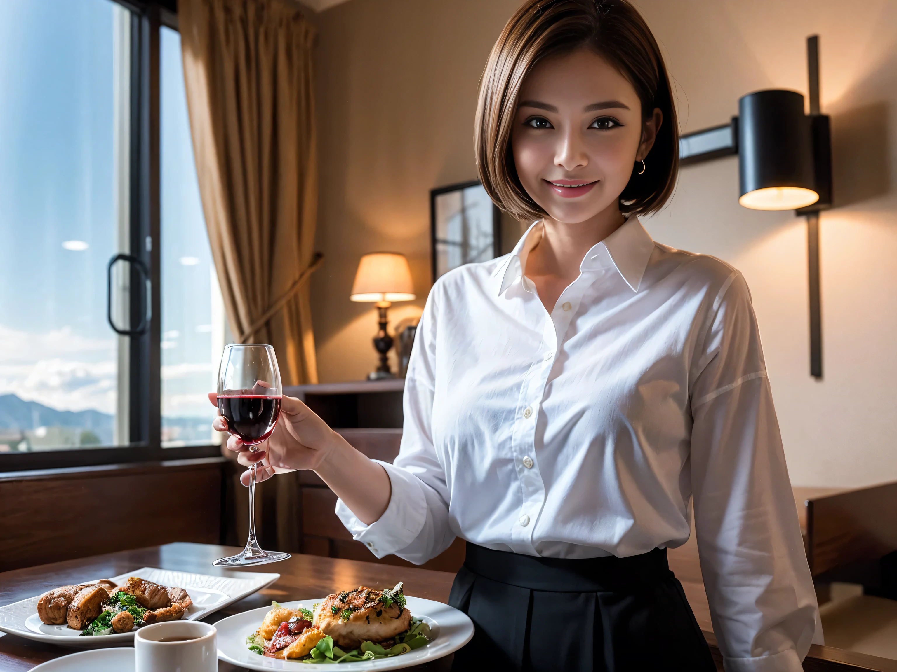 ((highest quality、8k、masterpiece:1.3))、Sharp focus:1.2、Beautiful woman perfect body:1.4、Slim body、((Bob Hale、Straight hair:1.2))、(to be born, highest quality, masterpiece:1.5), (Realistic, Intricate details:1.2), Ultra-high resolution, Put the light on your face、Amazing view of the sunset sky and clouds、Amazing mountain views、A bright smile、wine glass、red wine 、Appetizers、Italian food、Wine bottle、Champagne、sparkling wine、, Beautiful Face, blue eyes, The light shines on your face, Blushing, short hair,Bright Face、Fox face、 (36 years old), 39 years old, Lady、Two beauties、Brown Hair、Shortcuts、Long sleeve shirt、dress、Pretty Woman 1, (Slim face), (The body is slim), (Brown Hair), (Shortcuts), cheeks turn a little red,Attractive beauty、, Out of the window, A beautiful and detailed night view unfolds.........., restaurant, In a prominent place (From the waist up) Nova Frog Style, actress, model, Upper Body, White wine, slim, wine glass, Wine glass placed in the center, smile, (smile: 1.15), Beautiful fine grain, Depth f/2,saturation, High Contrast, Strong light and shadow,Moist Body:1.5、3D texture、Delicate eyes、Brown Hair、The hair is very shiny、