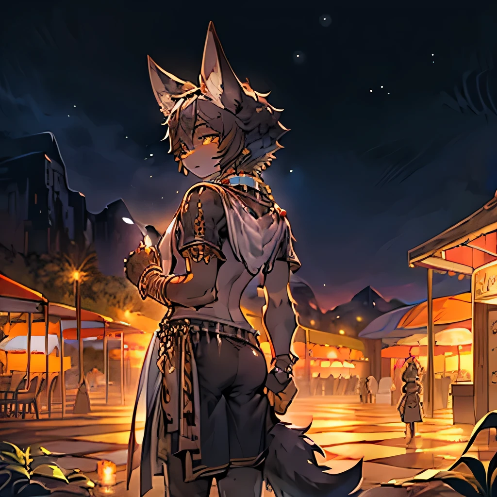 Anubis Boy，Wolf，Standing，desert，Egyptian style，Black hair，Black fur