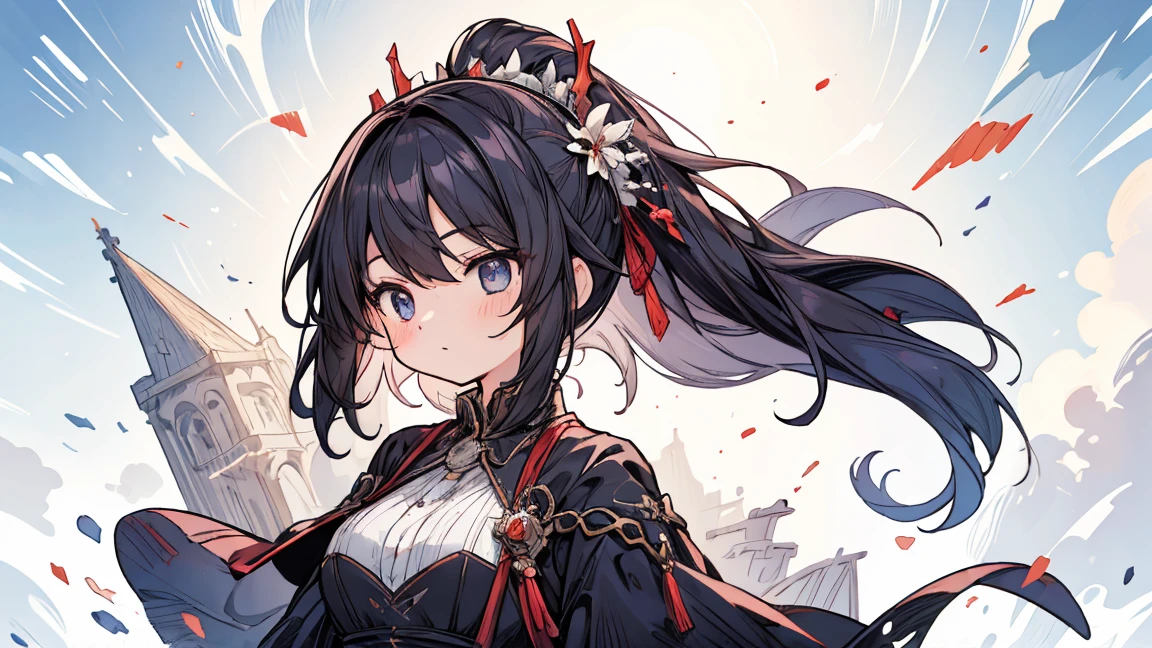 (masterpiece, highest quality:1.2), figure, Absurd, High resolution, Very detailed, 1. , Short white hair, Red eyes, Eye highlights, dress, Puff short sleeves, Frills, Outdoor, flower, 舞い散るflowerびら, Upper Body, (moon:1.2), night, depth of field, (:d:0.8),（Black Pantyhose）