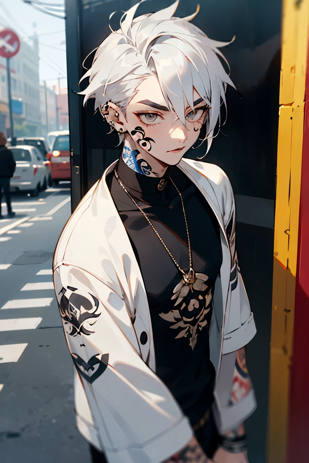 Silver hair, short hair, 20s, male, street fashion, casual, piercing, eyebrow piercing, white eyes, thin eyebrows, tattoo