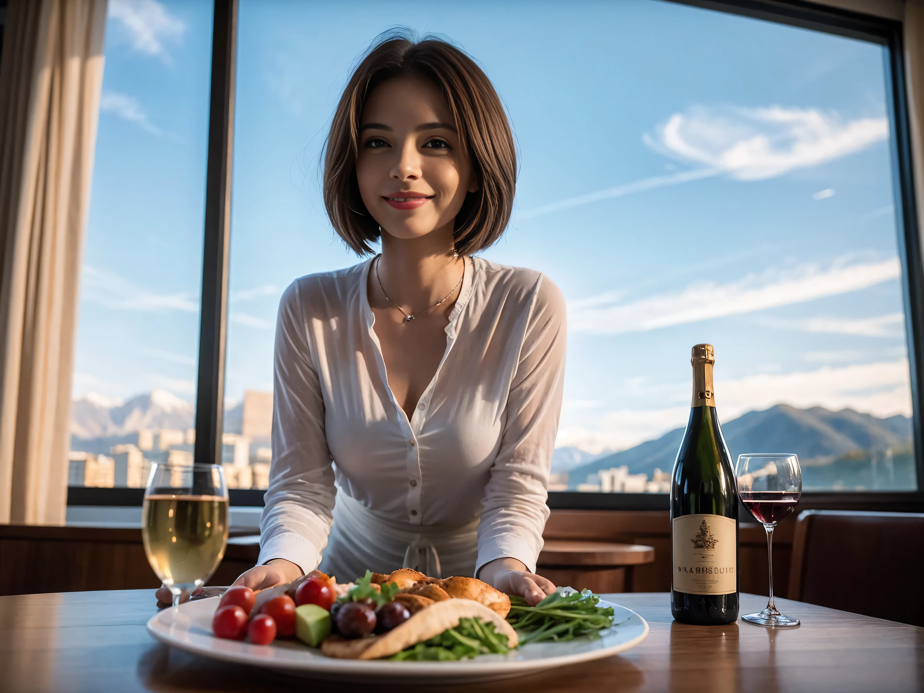 ((highest quality、8k、masterpiece:1.3))、Sharp focus:1.2、Beautiful woman perfect body:1.4、Slim body、((Bob Hale、Straight hair:1.2))、(to be born, highest quality, masterpiece:1.5), (Realistic, Intricate details:1.2), Ultra-high resolution, Put the light on your face、Amazing view of the sunset sky and clouds、Amazing mountain views、A bright smile、wine glass、red wine 、Appetizers、Italian food、Wine bottle、Champagne、sparkling wine、, Beautiful Face, blue eyes, The light shines on your face, Blushing, short hair,Bright Face、Fox face、 (36 years old), 39 years old, Lady、Two beauties、Brown Hair、Shortcuts、Long sleeve shirt、dress、Pretty Woman 1, (Slim face), (The body is slim), (Brown Hair), (Shortcuts), cheeks turn a little red,Attractive beauty、, Out of the window, A beautiful and detailed night view unfolds.........., restaurant, In a prominent place (From the waist up) Nova Frog Style, actress, model, Upper Body, White wine, slim, wine glass, Wine glass placed in the center, smile, (smile: 1.15), Beautiful fine grain, Depth f/2,saturation, High Contrast, Strong light and shadow,Moist Body:1.5、3D texture、Delicate eyes、Brown Hair、The hair is very shiny、