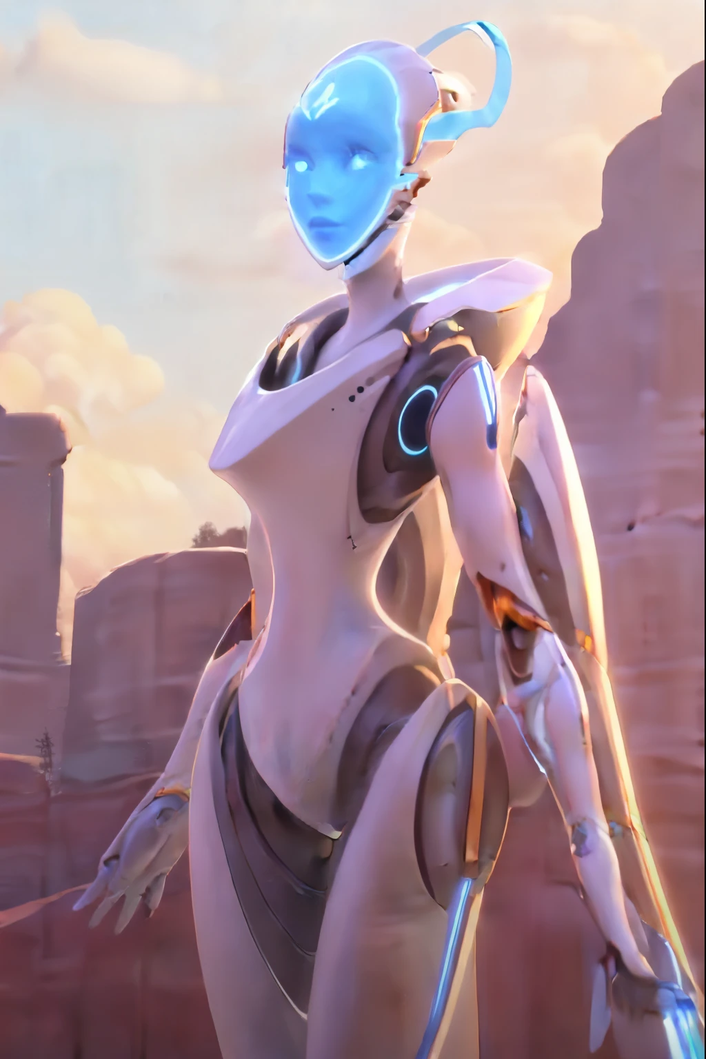 realistic, realism, photorealism, photo-realistic, high contrast, (photorealistic:1.4), 8k high definition detailed realistic, (best quality, masterpiece:1.2), NSFW,  photon mapping, radiosity, physically-based rendering, best quality, highly detailed, 1girl, 3d, owecho,owecho, android, humanoid robot, blue face, blue, blue eyelashes, glove, upper body,  outdoor, street, city,