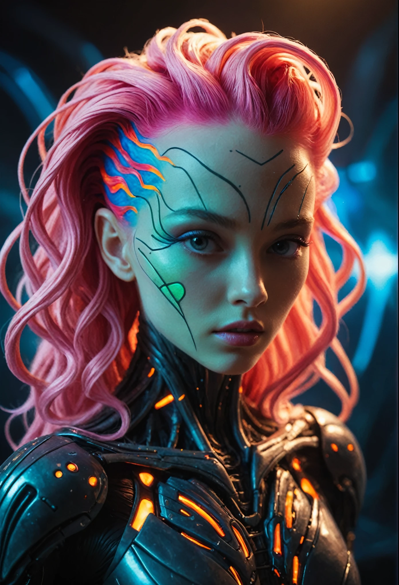 masterpiece,alien-themed Bear Witness to the Might of the Cosmic Cyber Warrior: An Incredible Mix of Technology and Allure Set Among Spectacular Interstellar Battlescapes. Infused with the unique flair of Jovana Rikalo, Brandon Woelfel, and Ross Tran, this indomitable cyborg reigns supreme over otherworldly turmoil. Delicate cables snake harmoniously beneath luminous epidermis, while her mighty vertebrae prop up an elegantly fashioned human cranium graced by cascading neon undercut tresses. Radiating self-assurance, her resplendent visage elicits awe as she advances fearlessly, solidifying legends of triumph and eternal reverencE. extraterrestrial, cosmic, otherworldly, mysterious, sci-fi, highly detailed