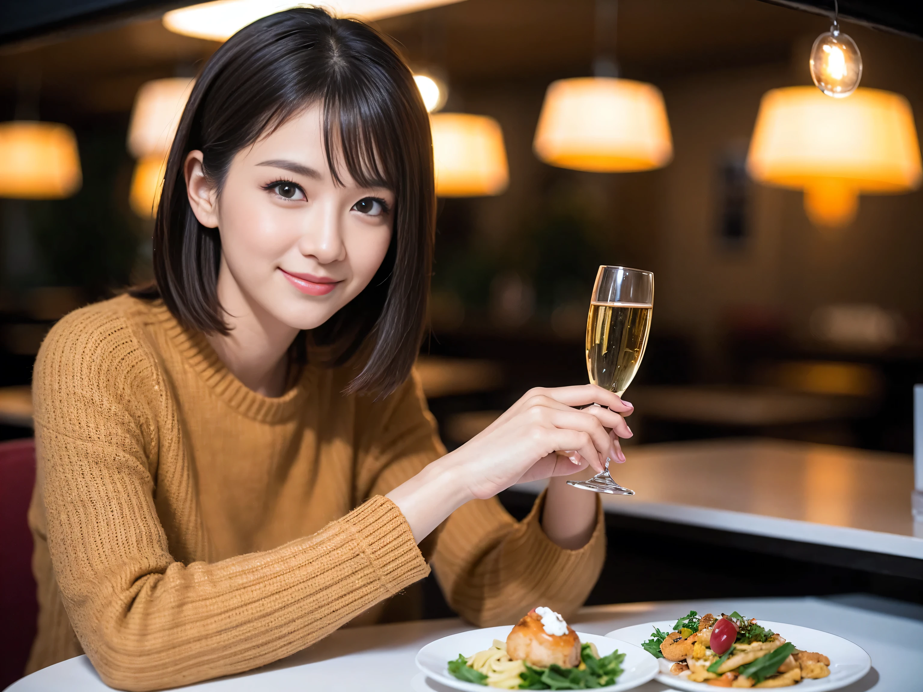 ((highest quality、8k、masterpiece:1.3))、Sharp focus:1.2、Beautiful woman perfect body:1.4、Slim body、((Bob Hale、Straight hair:1.2))、(to be born, highest quality, masterpiece:1.5), (Realistic, Intricate details:1.2), Ultra-high resolution, Put the light on your face、Amazing view of the sunset sky and clouds、Amazing mountain views、A bright smile、wine glass、red wine 、Appetizers、Italian food、Wine bottle、Champagne、sparkling wine、, Beautiful Face, blue eyes, The light shines on your face, Blushing, short hair,Bright Face、Fox face、 (36 years old), 39 years old, Lady、Two beauties、Brown Hair、Shortcuts、Long sleeve shirt、dress、Pretty Woman 1, (Slim face), (The body is slim), (Brown Hair), (Shortcuts), cheeks turn a little red,Attractive beauty、, Out of the window, A beautiful and detailed night view unfolds.........., restaurant, In a prominent place (From the waist up) Nova Frog Style, actress, model, Upper Body, White wine, slim, wine glass, Wine glass placed in the center, smile, (smile: 1.15), Beautiful fine grain, Depth f/2,saturation, High Contrast, Strong light and shadow,Moist Body:1.5、3D texture、Delicate eyes、Brown Hair、The hair is very shiny、