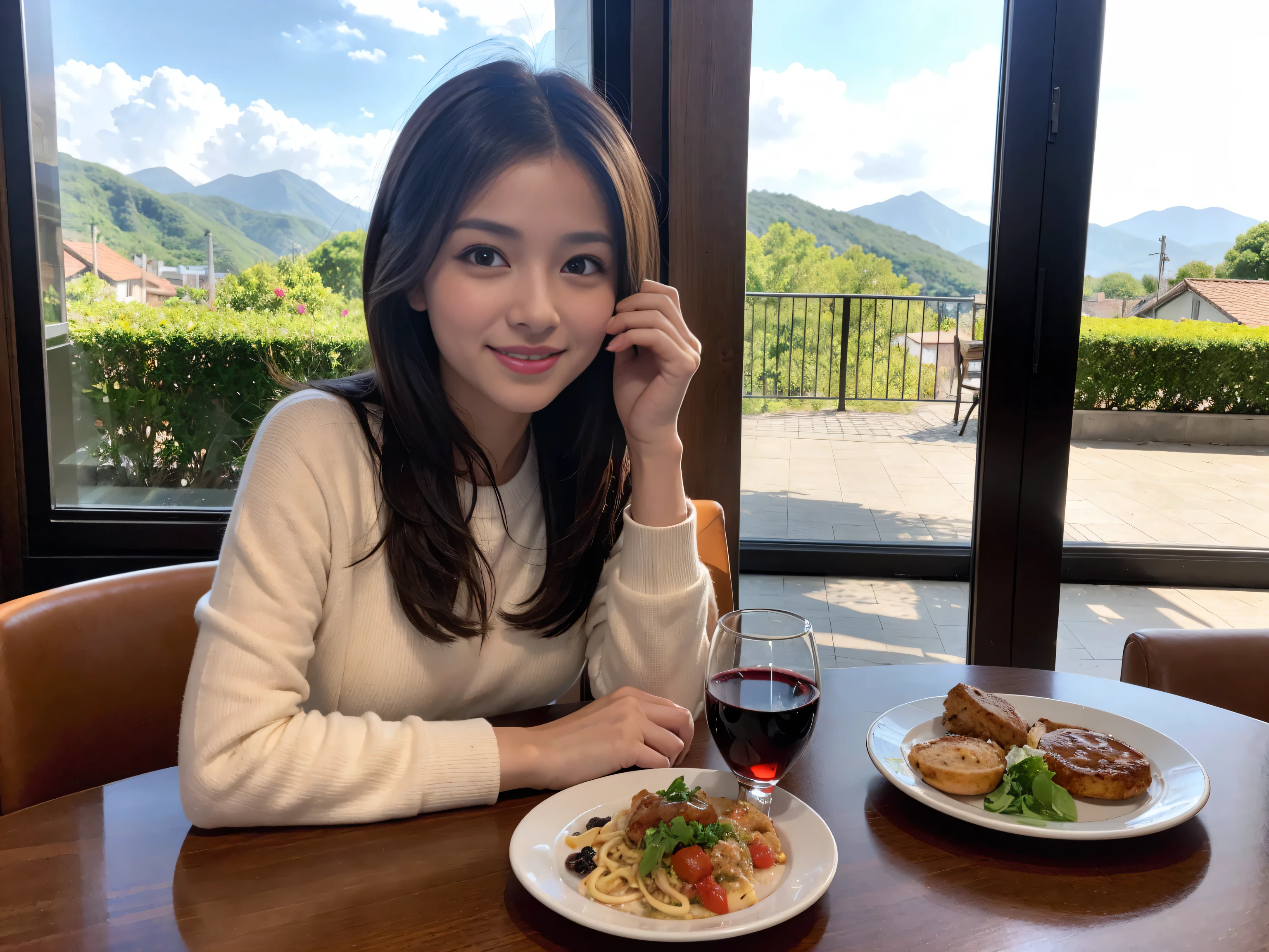 ((highest quality、8k、masterpiece:1.3))、Sharp focus:1.2、Beautiful woman perfect body:1.4、Slim body、((Bob Hale、Straight hair:1.2))、(to be born, highest quality, masterpiece:1.5), (Realistic, Intricate details:1.2), Ultra-high resolution, Amazing view of the sunset sky and clouds、Amazing mountain views、A bright smile、wine glass、red wine 、Appetizers、Italian food、Wine bottle、Champagne、sparkling wine、, Beautiful Face, blue eyes, The light shines on your face, Blushing, short hair,Bright Face、Fox face、 (36 years old), 39 years old, Lady、Two beauties、Brown Hair、Shortcuts、Long sleeve shirt、dress、Pretty Woman 1, (Slim face), (The body is slim), (Brown Hair), (Shortcuts), cheeks turn a little red,Attractive beauty、, Out of the window, A beautiful and detailed night view unfolds.........., restaurant, In a prominent place (From the waist up) Nova Frog Style, actress, model, Upper Body, White wine, slim, wine glass, Wine glass placed in the center, smile, (smile: 1.15), Beautiful fine grain, Depth f/2,saturation, High Contrast, Strong light and shadow,Moist Body:1.5、3D texture、Delicate eyes、Brown Hair、The hair is very shiny、