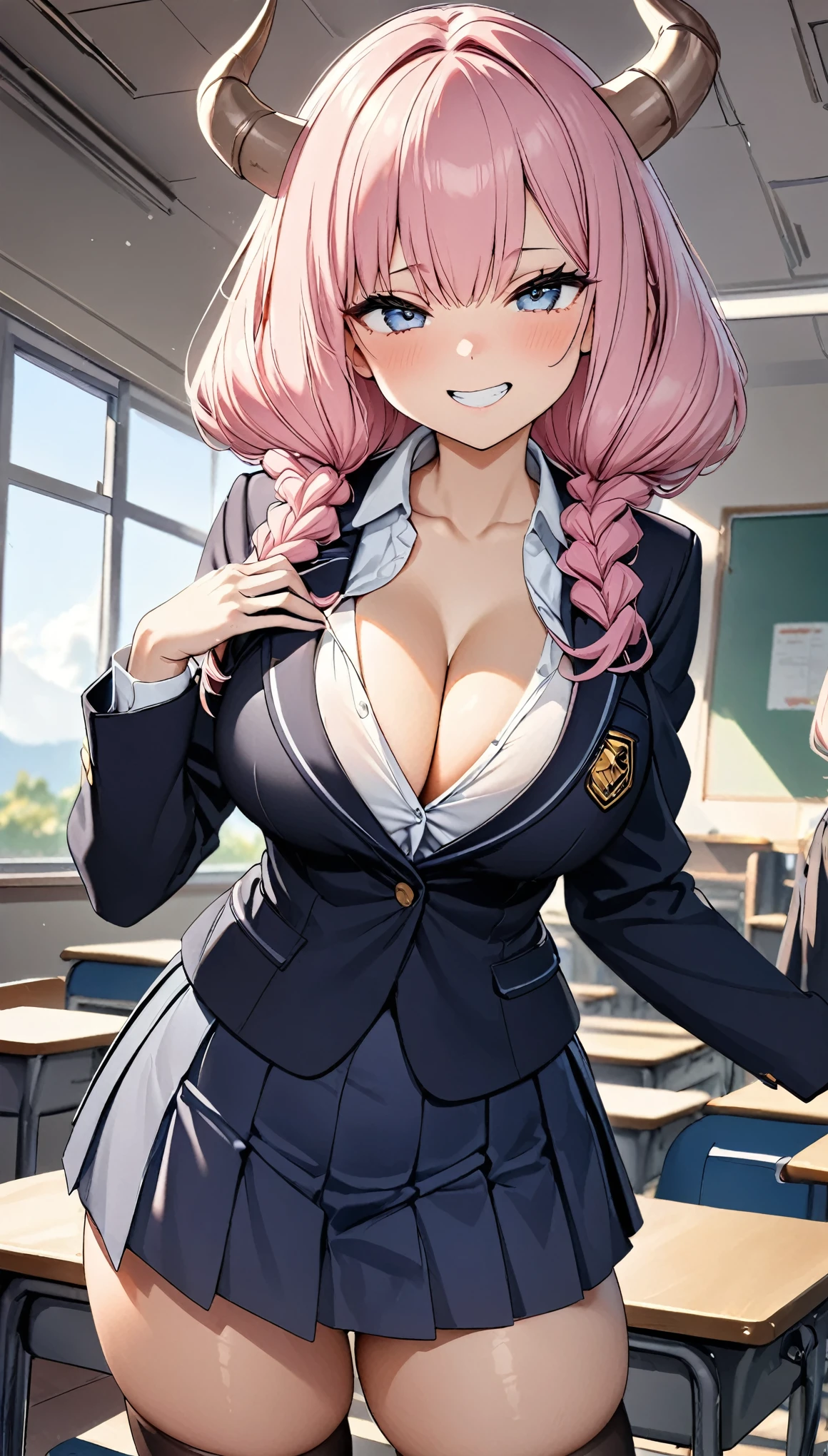 (8K、Best image quality、highest quality、masterpiece)、(Detailed face, cute eyes,Pink Hair, horn, open mouth, grin), (skinny body),(large breasts), (school uniform), (Light blue striped pants), (cleavage), Classroom Background, (black stockings), (Thighs:1.2), (Waistline)