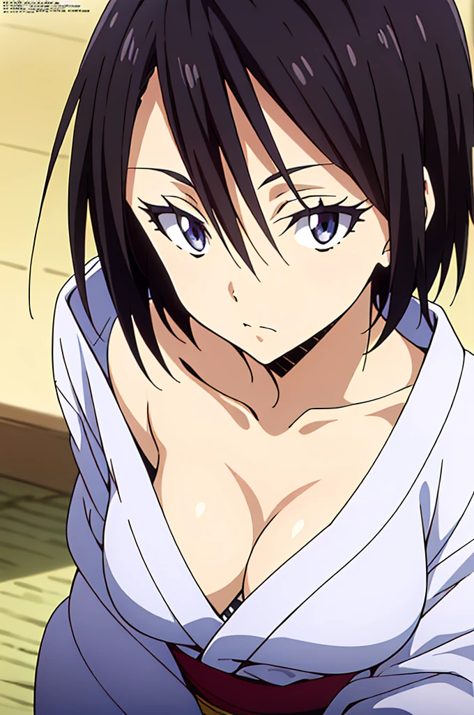 (anime cels style, Masterpiece, best quality, high resolution, anime colored, megami magazine:1.2, anime poster style, anime keyvisual, sharp, 8k, photorealistic), (beautiful eyes:1.5), sakaguchihinata\(ttigraas\), 1girl, cute, black hair, very short hair, large breast, cleavage, no bra, (yukata:1.5, undressing:1.5), (upper body, sitting), (perfect detailed anatomy, perfect arms, perfect fingers, beautiful face, perfect body, shiny skin), 