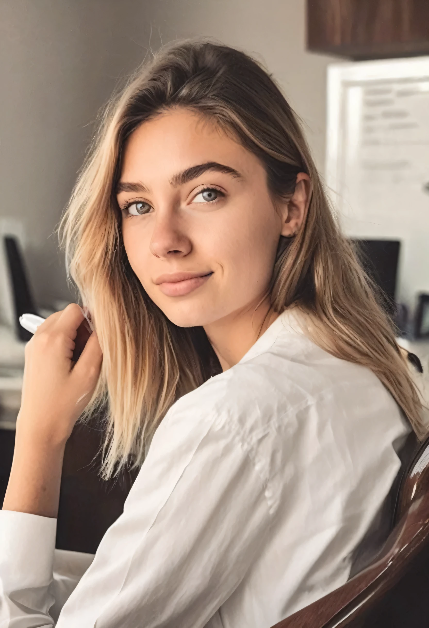 instagram photo, portrait photo of a 20-year-old Russian woman, cute face, perfectly detailed eyes, natural skin, well-lit face, sitting in a chair in a veterinarian's office