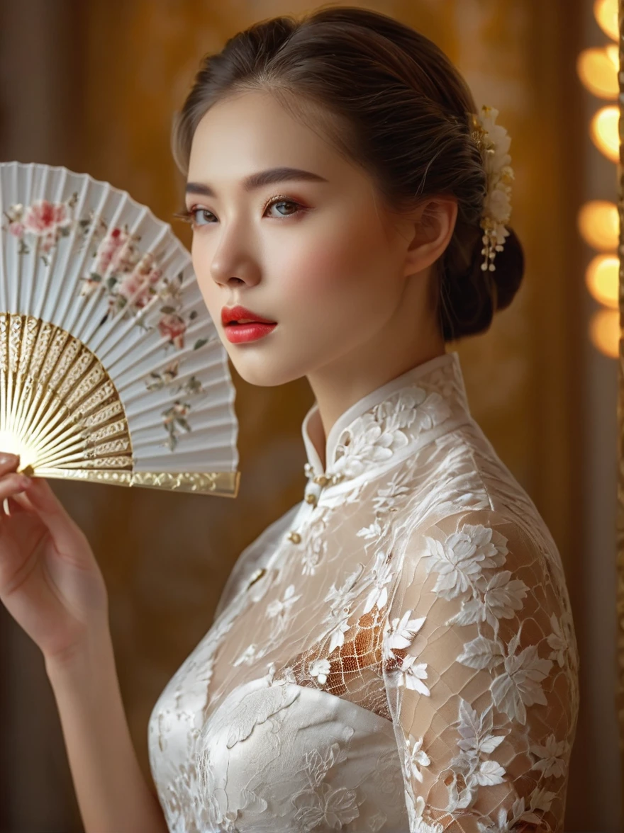 beautiful European girl,wearing white lace cheongsam,elegant posture,delicately holding a pure white lace fan,covering her face,beautiful detailed eyes,beautiful detailed lips,extremely detailed eyes and face,long eyelashes,high fashion,ornate lace details,splendid fabric texture,golden background, studio lighting,vivid colors,bokeh,sharp focus,physically-based rendering,calm expression, Romanticism, Luminism, first-person view, (Waist Shot:1.6), UHD, masterpiece, accurate, anatomically correct, high details, award winning, 8k