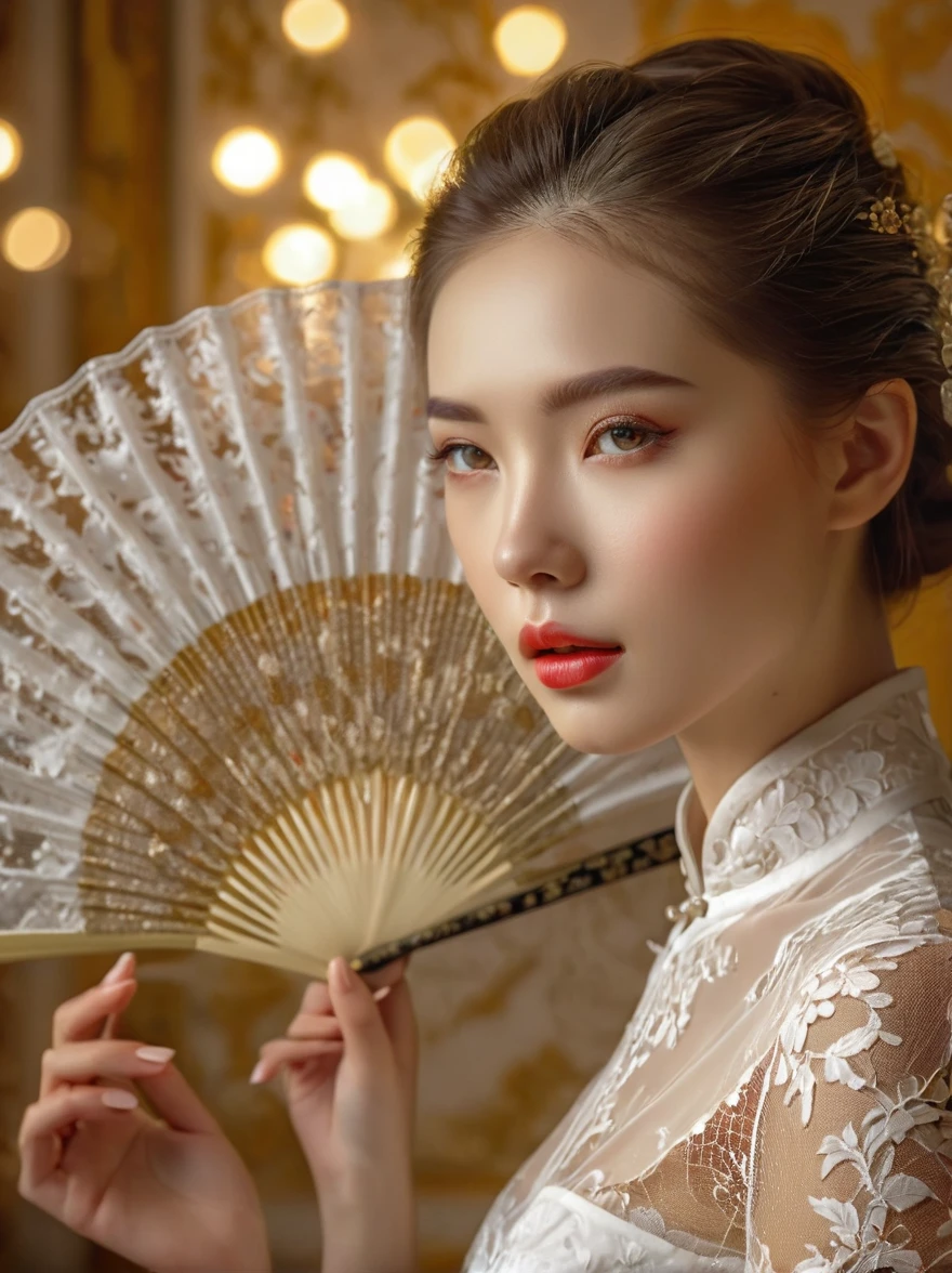 beautiful European girl,wearing white lace cheongsam,elegant posture,delicately holding a pure white lace fan,covering her face,beautiful detailed eyes,beautiful detailed lips,extremely detailed eyes and face,long eyelashes,high fashion,ornate lace details,splendid fabric texture,golden background, studio lighting,vivid colors,bokeh,sharp focus,physically-based rendering,calm expression, Romanticism, Luminism, first-person view, (Waist Shot:1.6), UHD, masterpiece, accurate, anatomically correct, high details, award winning, 8k