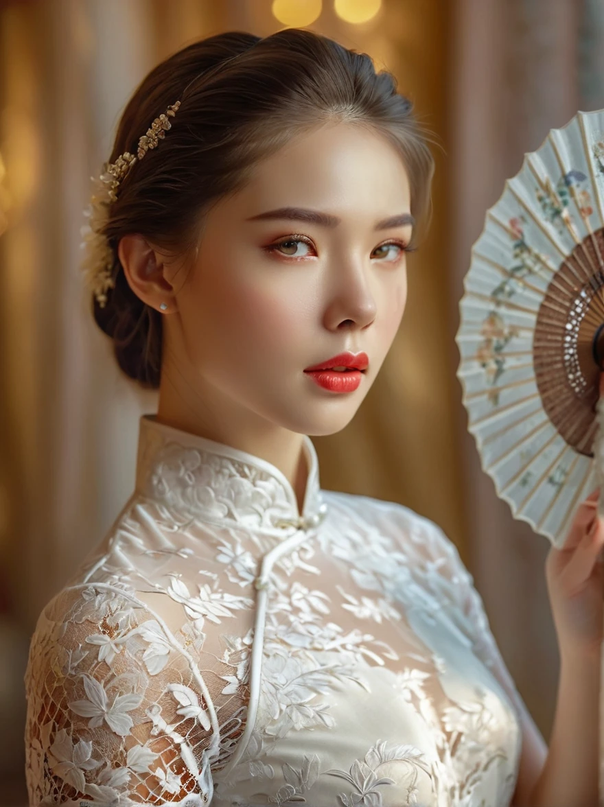 beautiful European girl,wearing white lace cheongsam,elegant posture,delicately holding a pure white lace fan,covering her face,beautiful detailed eyes,beautiful detailed lips,extremely detailed eyes and face,long eyelashes,high fashion,ornate lace details,splendid fabric texture,golden background, studio lighting,vivid colors,bokeh,sharp focus,physically-based rendering,calm expression, Romanticism, Luminism, first-person view, (Waist Shot:1.6), UHD, masterpiece, accurate, anatomically correct, high details, award winning, 8k