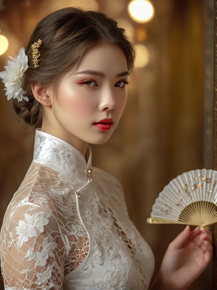 beautiful European girl,wearing white lace cheongsam,elegant posture,delicately holding a pure white lace fan,covering her face,beautiful detailed eyes,beautiful detailed lips,extremely detailed eyes and face,long eyelashes,high fashion,ornate lace details,splendid fabric texture,golden background, studio lighting,vivid colors,bokeh,sharp focus,physically-based rendering,calm expression, Romanticism, Luminism, first-person view, (Waist Shot:1.6), UHD, masterpiece, accurate, anatomically correct, high details, award winning, 8k