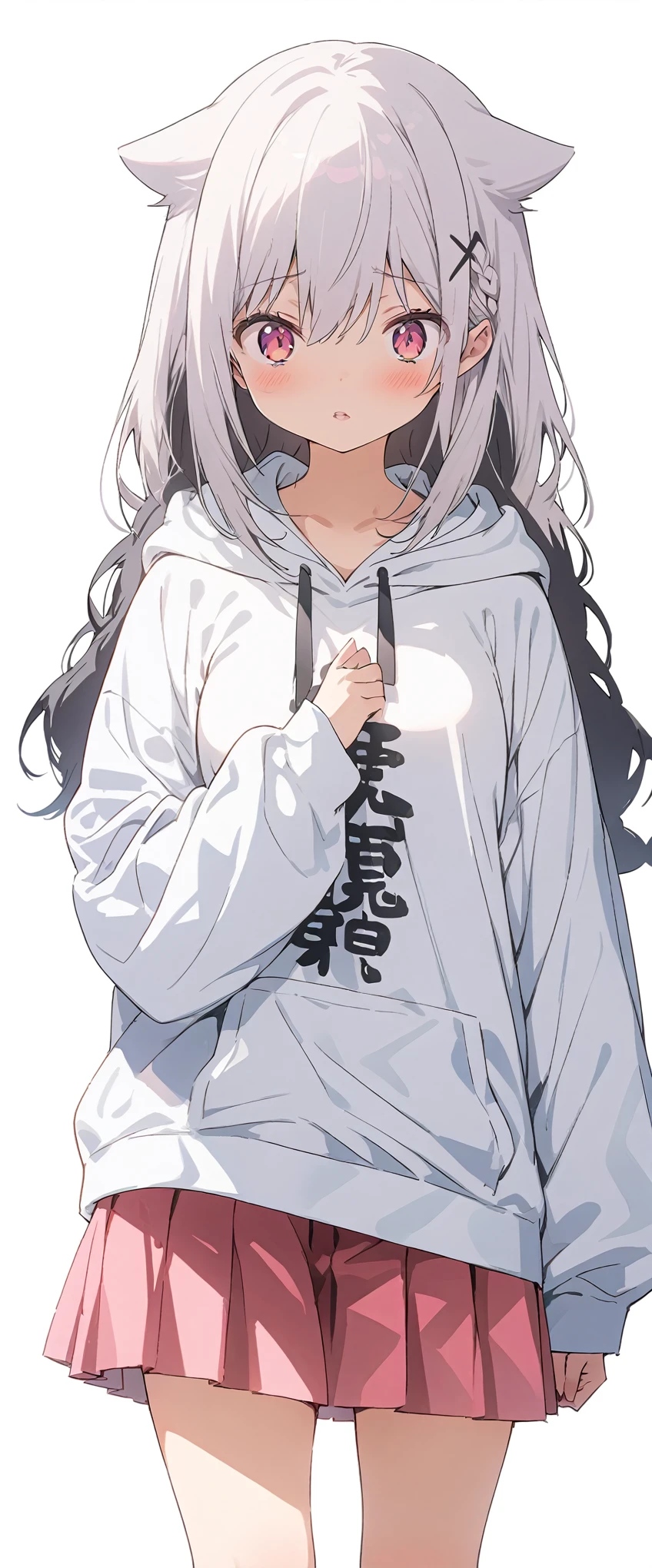 White background、white background、Blank background、Ultra-high resolution, highest quality,Solo,just standing girl, One young girl、Full body view from the front、fish-bone braid hair、Fishbone Hair、grayish white hair、beautiful detailed eyes、Grey hair x pink eyes、pink eyes、Drop your gaze、face down、Depressed expression、Ample breasts、Plain white hoodie、Pink pleated skirt、barefoot