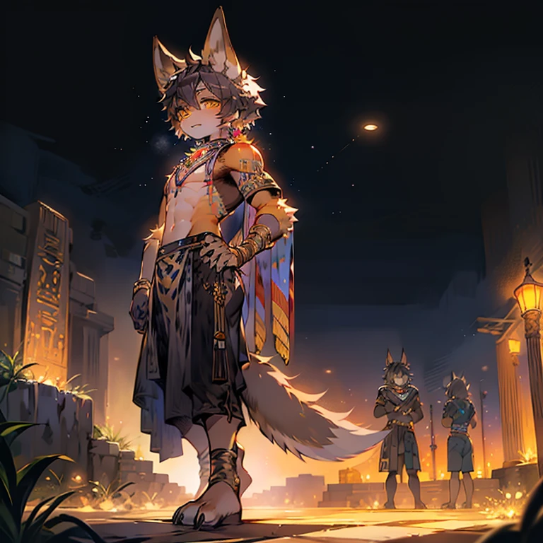 Anubis Boy，Wolf，Standing，desert，Egyptian style，Black hair，Black fur