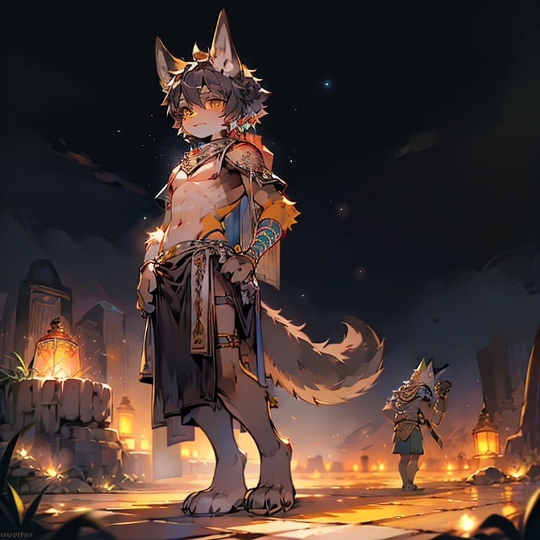 Anubis Boy，Wolf，Standing，desert，Egyptian style，Black hair，Black fur