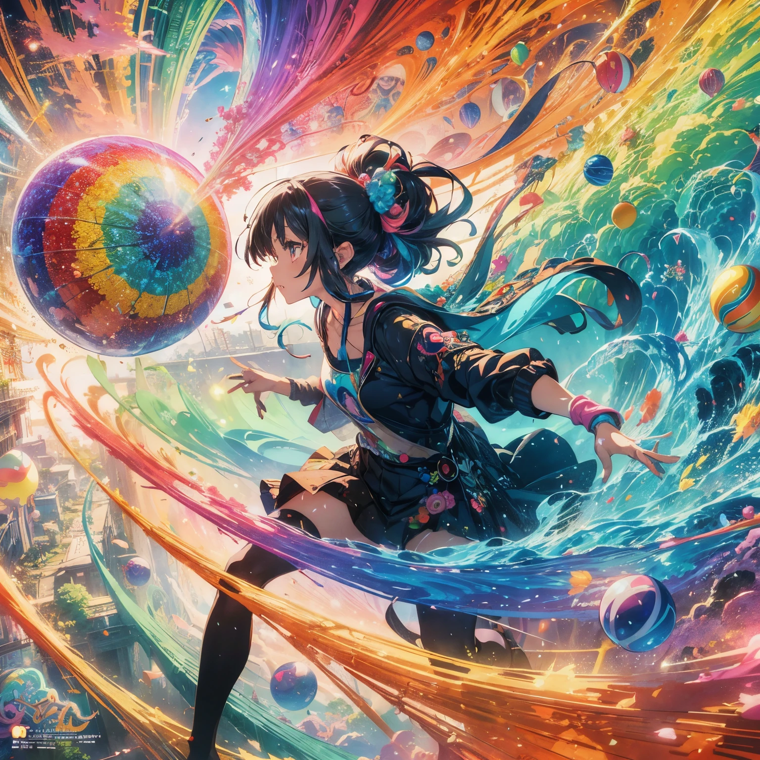 Anime girl holding colorful balls and rainbow swirls in her hands, Beautiful artwork illustration, Inspired by Yumei, high detailed Official artwork, Dreamy psychedelic anime, Colorful illustration, Colorful concept art, Colorful digital fantasy art, Beeple and Jeremiah Kettner, Exquisite digital art, Detailed anime artwork, Decora style illustration, Official artwork