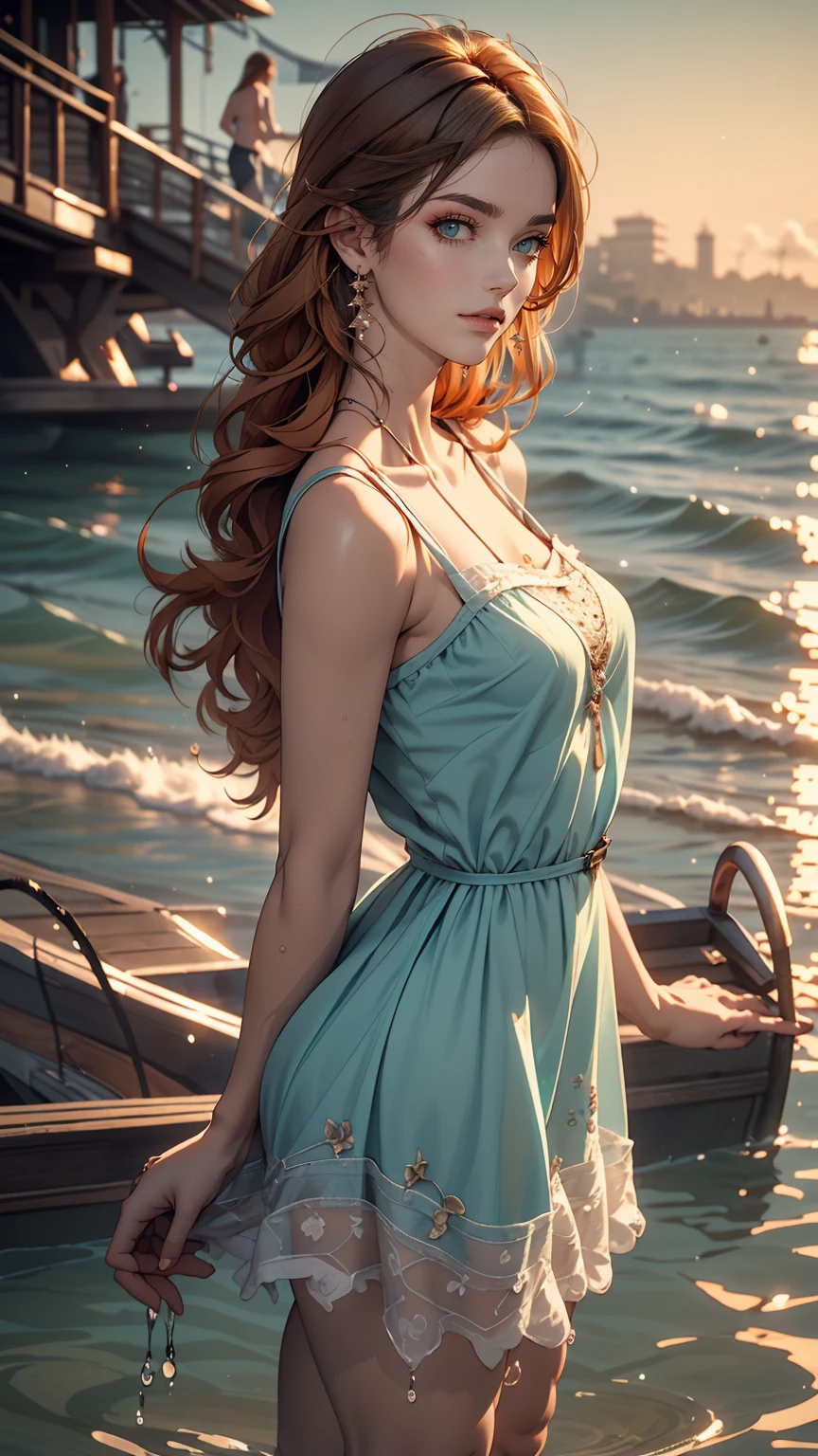(masterpiece, highest quality), ((One girl, alone, Long Hair)), Ishmael_edge, Innocent look, Bare arms, Exposing shoulders, Bare neck, watercolor, Sundress, Liquid clothing, water, Wave, water dress, green_theme, night, haze, dark, Sharp focus, Ocean, See-through dress, Orange Hair