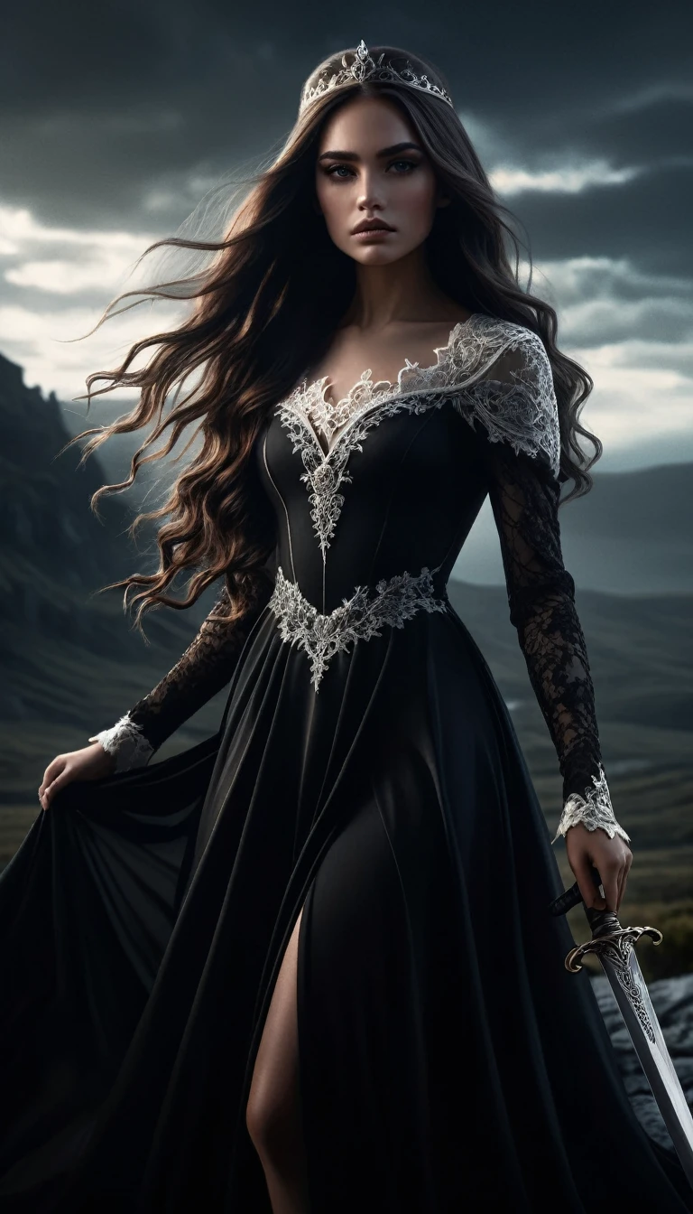 a dark fantasy princess, black dress with plenty of white lace details, moody expression, dark chiaroscuro lighting, detailed intricate dress, long flowing hair, sword in hand, dark fantasy landscape, dramatic lighting, cinematic composition, photorealistic, ultra-detailed, 8k, best quality, masterpiece