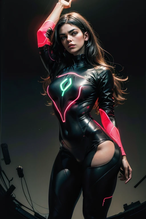 Alison Tyler por Phil Noto e Kentaro Miura, (neon outlines, magistral, lindo:1.4), arte do cartaz, linhas em negrito, hiper detalhado, expressivo, premiado, (female:1.4), (detalhes intrincados, Obra de arte, melhor qualidade:1.4), olhando para o espectador, dynamic pose, wide angle view, no estilo de Nicola Samori