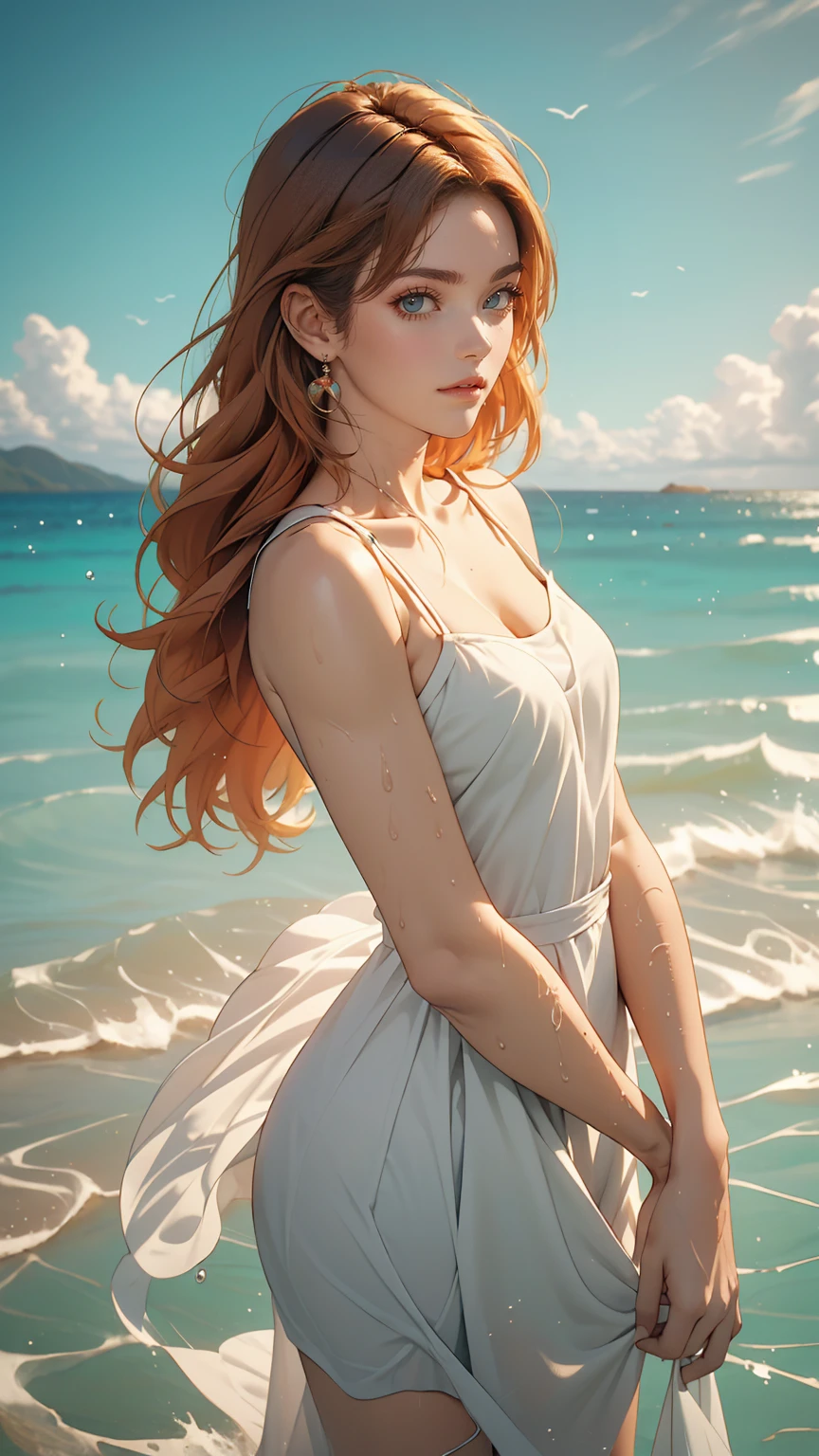 (masterpiece, highest quality), ((One girl, alone, Long Hair)), Ishmael_edge, Innocent look, Bare arms, Exposing shoulders, Bare neck, watercolor, Sundress, Liquid clothing, water, Wave, water dress, green_theme, night, haze, dark, Sharp focus, Ocean, See-through dress, Orange Hair