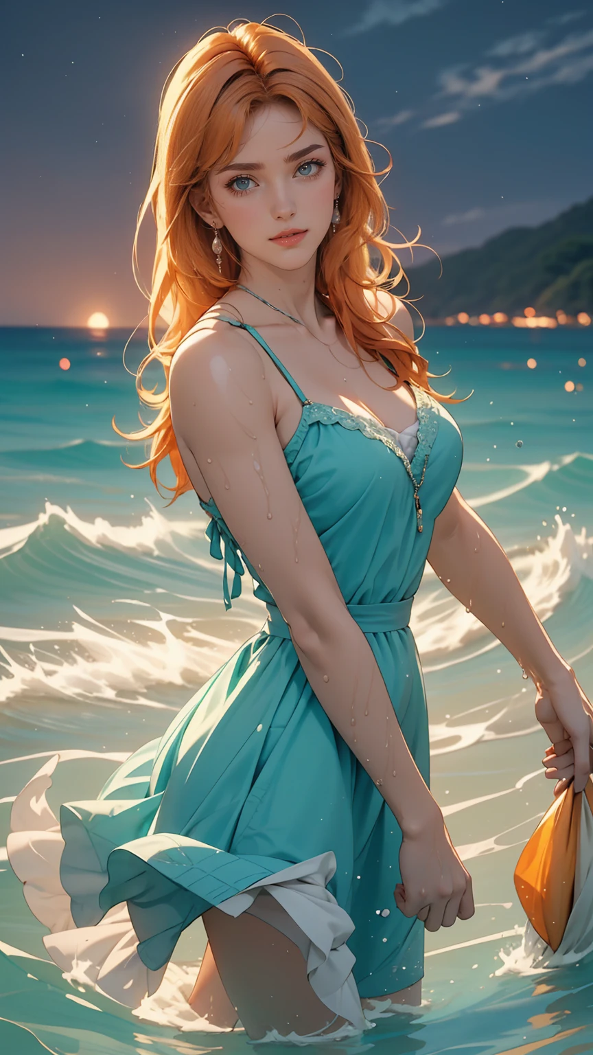 (masterpiece, highest quality), ((One girl, alone, Long Hair)), Ishmael_edge, Innocent look, Bare arms, Exposing shoulders, Bare neck, watercolor, Sundress, Liquid clothing, water, Wave, water dress, green_theme, night, haze, dark, Sharp focus, Ocean, See-through dress, Orange Hair