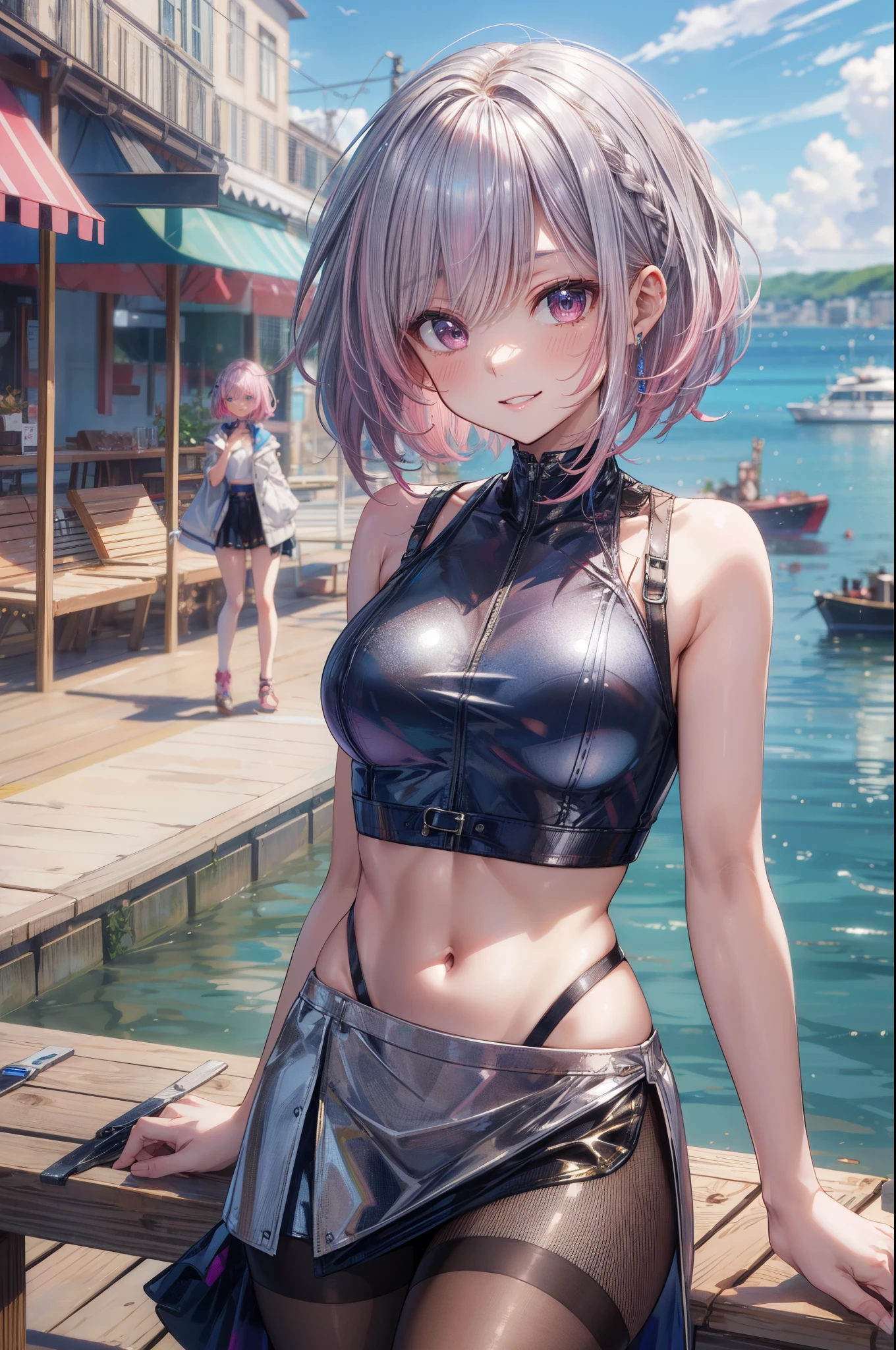 ((silver Crop top:1.5)), ((skirt)), break, 4 defined fingers, 1 defined thumb, looking at viewer, solo, 1 woman, 25 years old, AI generated, highest quality, masterpiece, skindentation, perfect face, 8k , cowboy shot, short hair, (((pink hair1.5))), bob cut, black eye, smile, thin thighs, medium breasts, perfect limbs, sexy, (visible nipples:0.7), (camel toe:0.5), pantyhose, ((arm at side)), ((bright seaside)),, ((metallic costume))