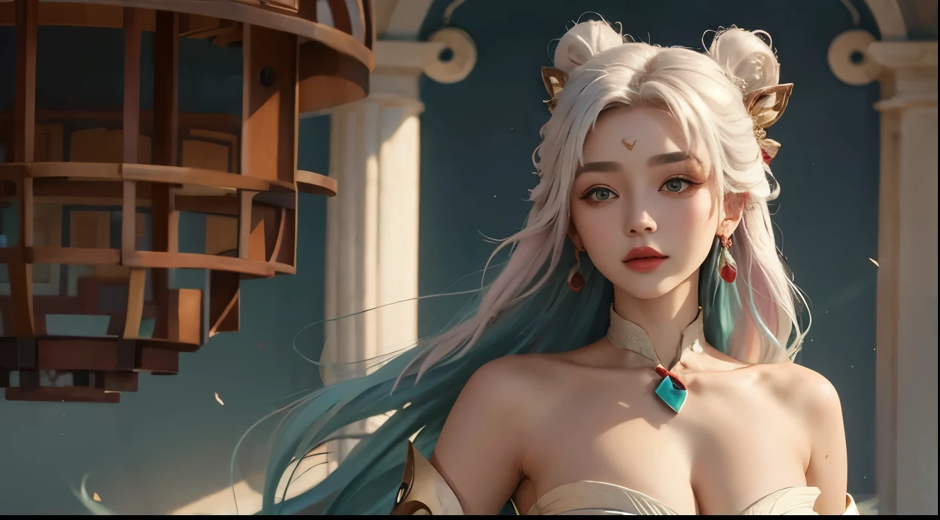 (masterpiece, best quality:1.2), intricate details, mythmaker irelia, 1girl, hair ornament, hair rings, bare shoulders, dress, detached sleeves, forehead mark, multicolored hair, white hair, earrings, green eyes, textured skin, looking at viewer, solo, light smile, (mature female:1.2),sexy pose:1.6,cleavage exposed, chest exposed, 